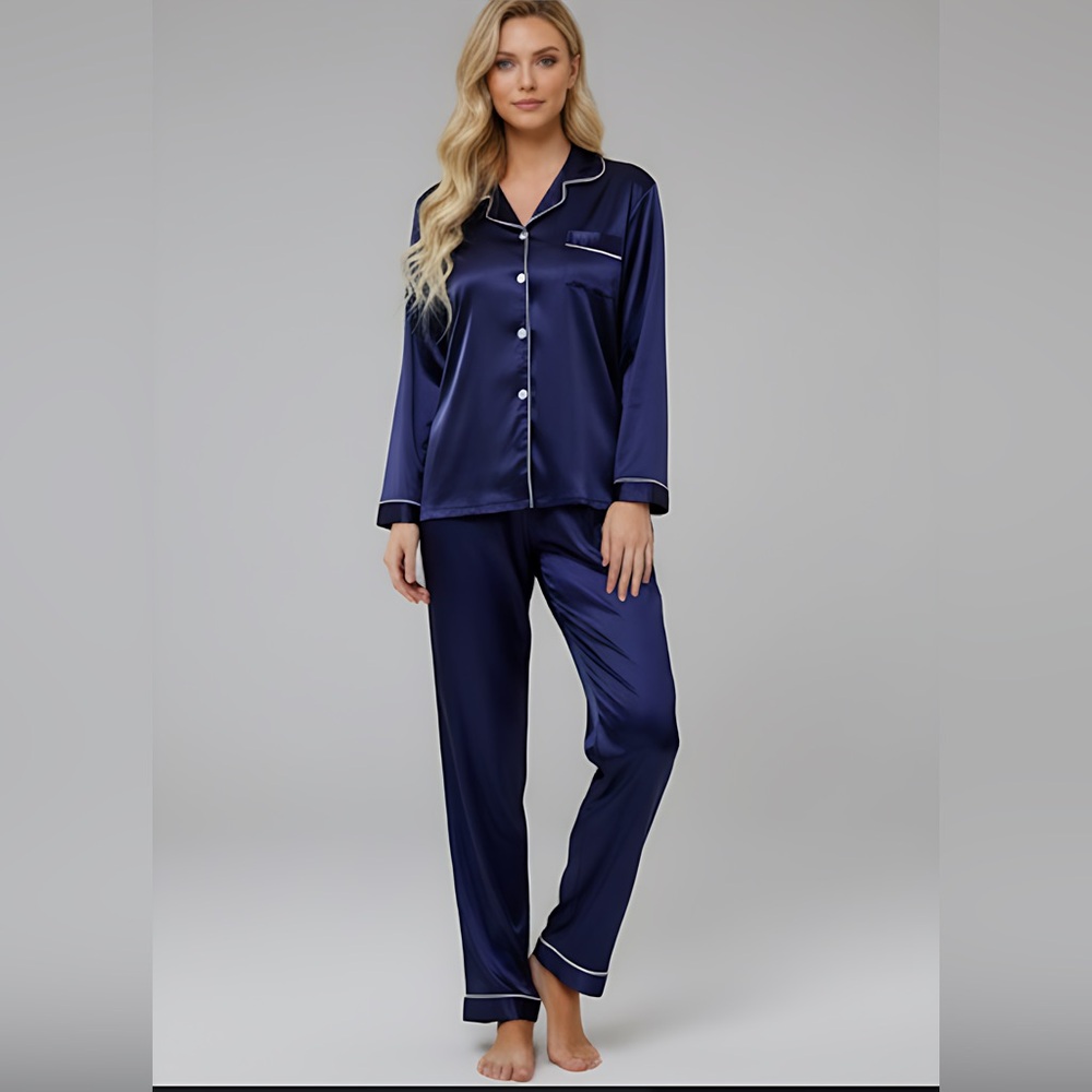 Lapel Collar Satin PJ Set / Pyjama Set Navy Blue